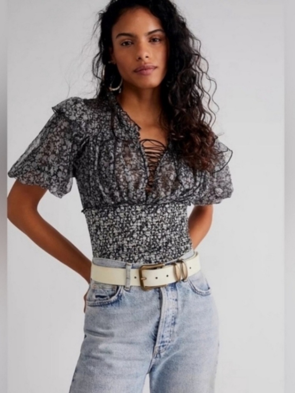 FREE PEOPLE Beatrice Mesh Cropped Mixed Floral Lace Up Blouse